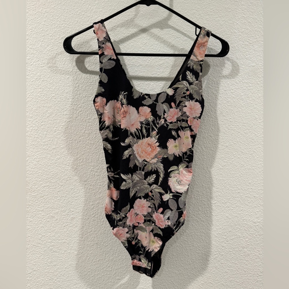 Stance Beau Floral Black Scoop Power Mesh Sleeveless Snap Bodysuit Size XS